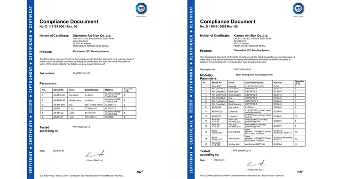 Le système de montage solaire ART SIGN a été vérifié avec la certification TUV.

